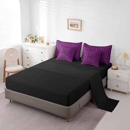 Comforter Set Full Size, Purple Damask Aztec 7 Pcs Bedding for Kids and Adults, Baroque Western Boho Gothic Floral Bed Sheet Sets with Fitted Sheet 2 Pillowcases & 2 Shams for Bedroom Bed Decor