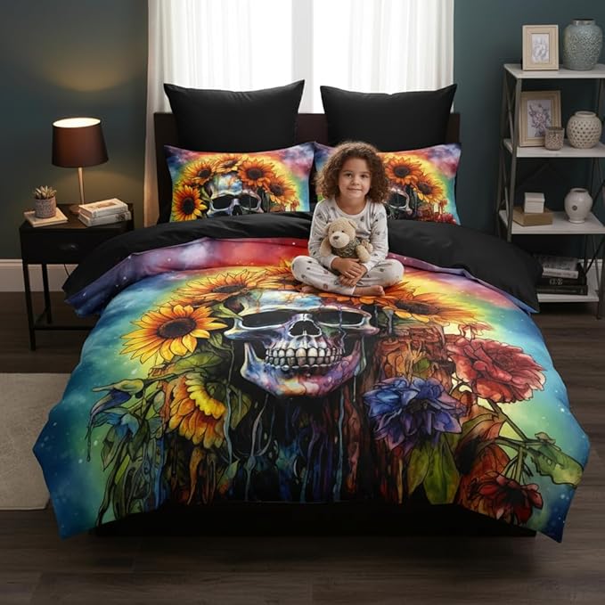 Gothic Skull Comforter Set Twin Size, Boho Hippie Sunflower Bedding Set for Colorful Tie-dye Bedroom Decor, 3Pcs Soft Microfiber Set, 68 * 86