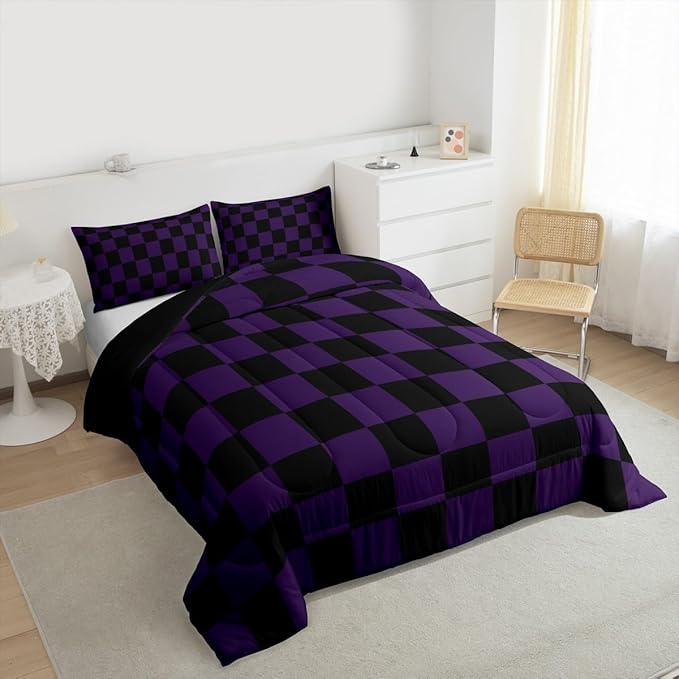 Checkered Bedding Set for Boys Girls Purple Black Plaid Comforter Set Toddler Size Cute Retro Neutral Checkerboard Geometric Duvet Quilt Vintage Aesthetic Bedroom Decor 2 Pcs with 1 Pillow Cases