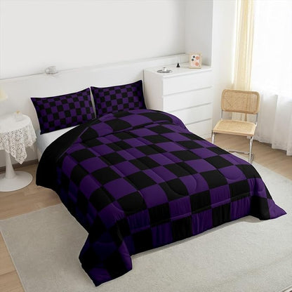 Checkered Bedding Set for Boys Girls Purple Black Plaid Comforter Set Queen Size Cute Retro Neutral Checkerboard Geometric Duvet Quilt Vintage Aesthetic Bedroom Decor 3 Pcs with 2 Pillow Cases