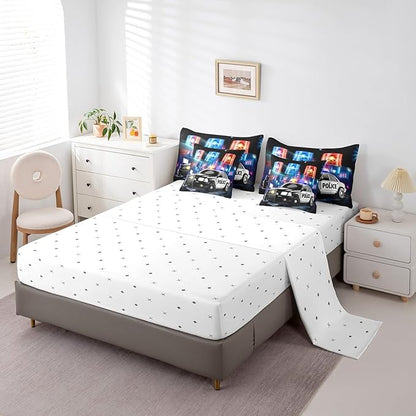 Kids Police Car Toddler Bed in a Bag Policeman Boys Comforter Set with Sheets for Adults Girls Black The Polica Vehicle 7 Piece Bedding Set Automobile Car Decor Bed Set with 2 Pillowcases Queen