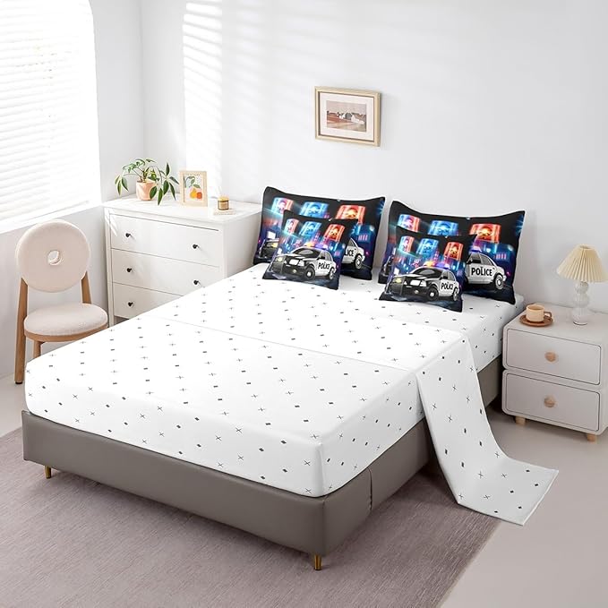 Kids Police Car Toddler Bed in a Bag Policeman Boys Comforter Set with Sheets for Adults Girls Black The Polica Vehicle 7 Piece Bedding Set Automobile Car Decor Bed Set with 2 Pillowcases King