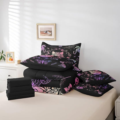 Wolf Comforter Set 7 Pcs King Size,Gothic Wild Animals Skeleton Comforter Blanket,Exotic Bohemian Flowers Leaves Bedding Sets with Comforter,Flat Sheet,Fitted Sheet,Pillowcases and Pillow Covers