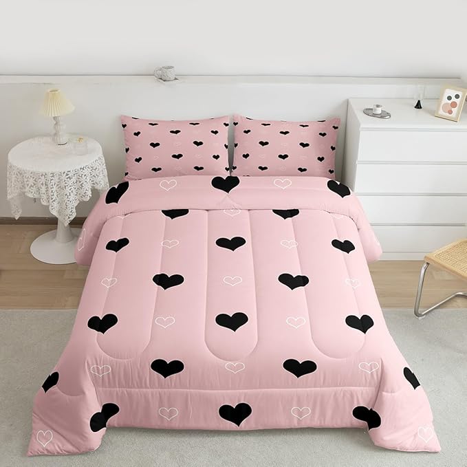 Girls Comforter Set Twin Size Cute Heart Pattern Bedding Set Lovely Pink Black Down Comforter Cartoon Geometric Soft Quilt Set Girly Kawaii Bedroom Decor Gift Modern Duvet Set with 1 Pillowcase