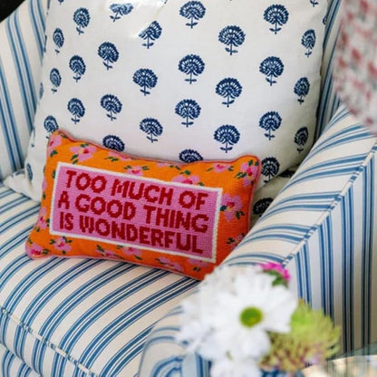 FURBISH Needlepoint Decorative Throw Pillow - Too Much - 8" x 14" - Small Embroidered Accent Pillow for Bed, Chair, Couch, Sofa - Eclectic Home Decor