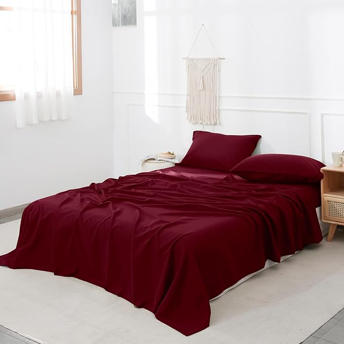 Simple&Opulence Belgian Linen Sheet Set Solid Color - 4 Pieces (1 Flat Sheet, 1 Fitted Sheet & 2 Pillowcases) Natural Flax Cotton Blend Soft Breathable Farmhouse Bedding - King Size, Burgundy Red