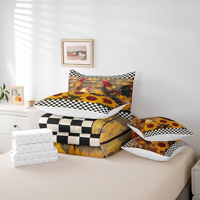 Erosebridal 7 Pcs Rooster Comforter Set Full Size,Rustic Chick Sunflower Bed in a Bag with Flat Fitted Sheet for Kids and Adults,Farm Plaid Wooden Bedding Set with Pillowcases and Cushion Cases