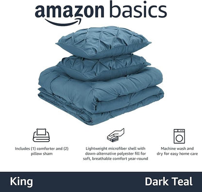 Amazon Basics Soft King Size Comforter Set, All-Season Down-Alternative 3-Piece Bedding Set, Pinch Pleat Design with Piped Edges, Dark Teal