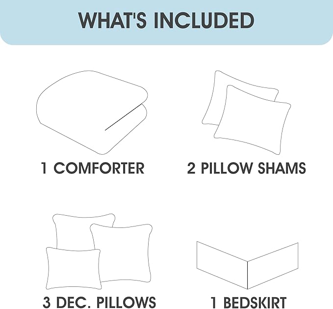 White Grey Comforter Set, King, 7 Piece Bed in a Bag, Microfiber Handcrafted Pintucking, All Season Bedding Set with Comforter, Bedskirt, Pillow Shams and Decro Pillows