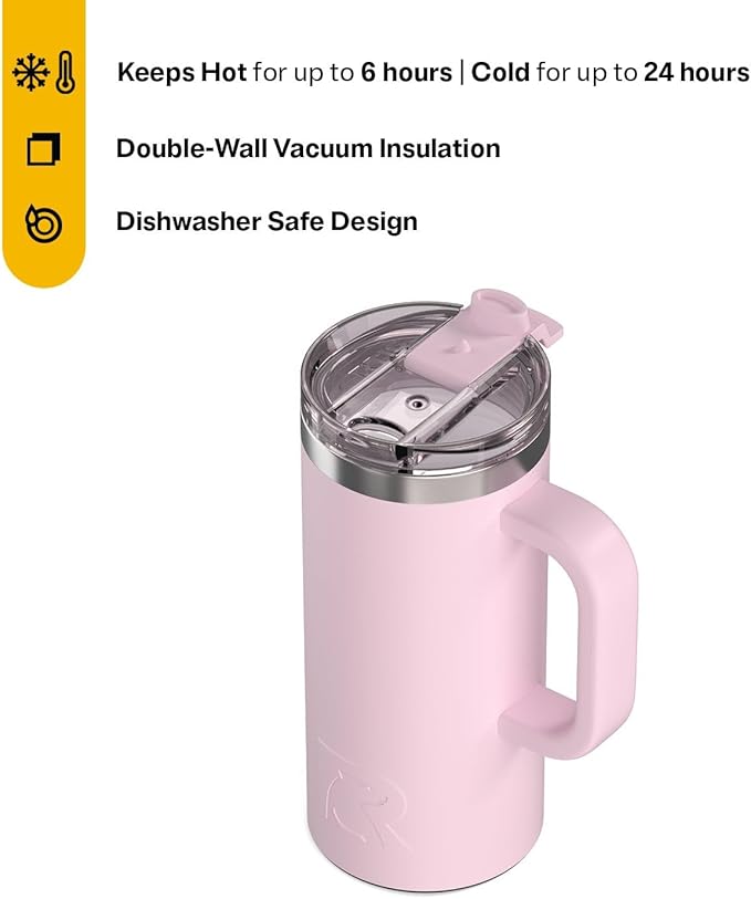 RTIC 16oz Road Trip Travel Mug with Lid and Handle, Ceramic Lined, Insulated, Stainless Steel, Metal, Double Wall Vacuum-Insulation, Portable Coffee, Tea Cup for Hot and Cold Drink, Pale Pink