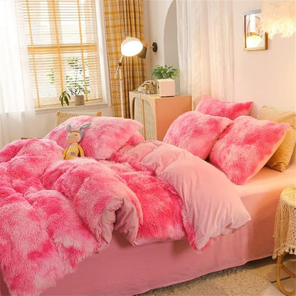 chovy Faux Fur Tie-Dyed Pink White Red Colorful Comforter Sets Queen - 3PC Bed Set Ultra Soft Plush Flannel Velvet Fluffy Fuzzy Bedding（Comforter x 1 Pillowcases x 2）