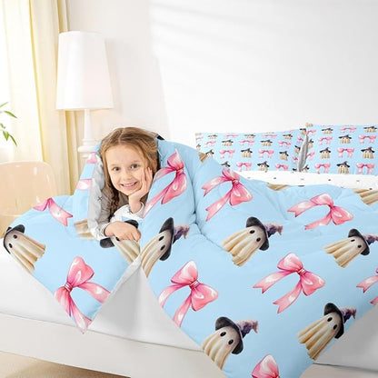 Erosebridal Halloween Ghost Bedding Set Queen, Ghost with Wizard Hat Pink Bow Comforter Set, Cute Blue Spooky Comforter for Kid Boys Girls Teens Women Kawaii Room Decor, Halloween Decorations Quilt