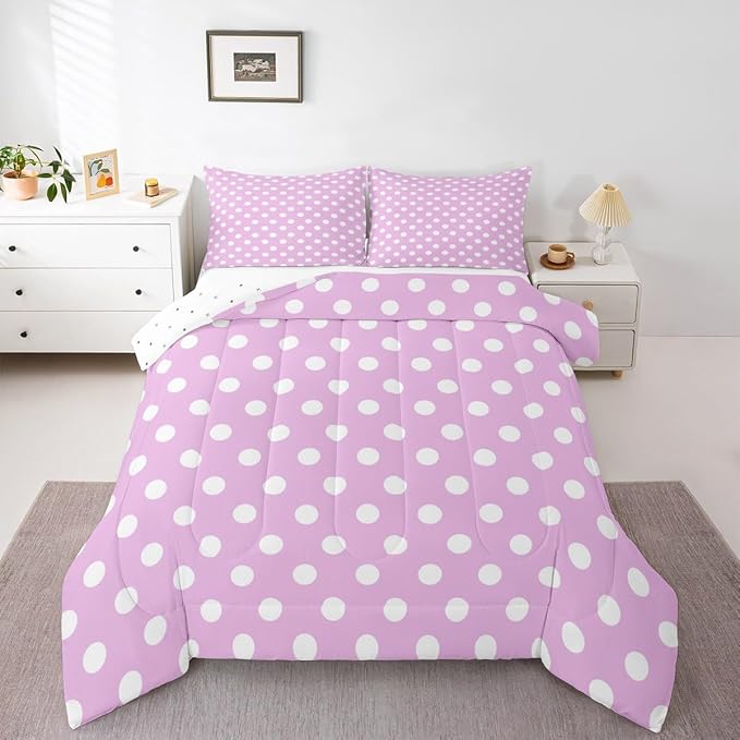 Manfei Polka Dots Comforter Set Full Size,Cartoon French Style Dots Rose Pink White Bedding Set for Child Young,Modern Geometric Circles Abstract Simple Art Comforter,3 Pcs 2 Pillowcases