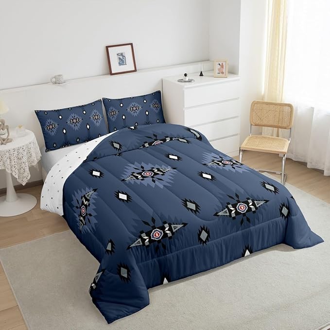 Feelyou Southwest Native Comforter Set Navy Blue Western Bedding Set King Size for Kids Boys Girls Teens Room Decor Boho Geometric Tribal Comforter Soft Microfiber