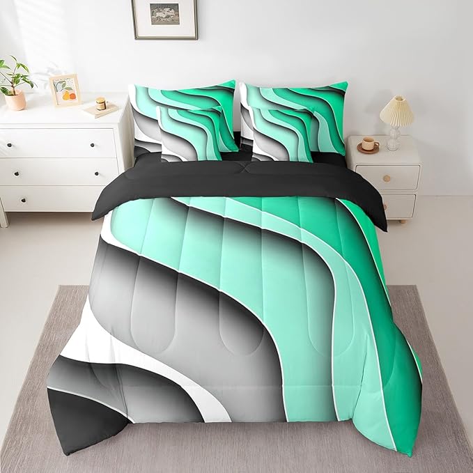Erosebridal Green Teal Grey Ombre Full Comforter Set 7 Pieces for Boys Geometric Stripe Bedding Comforter Sets, Aesthetic Wave Bed in a Bag Modern Abstract Bedding Set, Gradient Bed Sheets Set