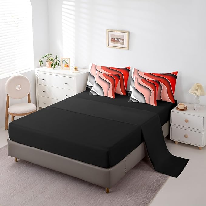Erosebridal Red Pink Grey Ombre Bedding Queen Size 7-Piece for Girls Geometric Stripe Comforter Set, Aesthetic Wave Bedding Comforter Sets Modern Abstract Bed in a Bag, Gradient Bedding Accessories