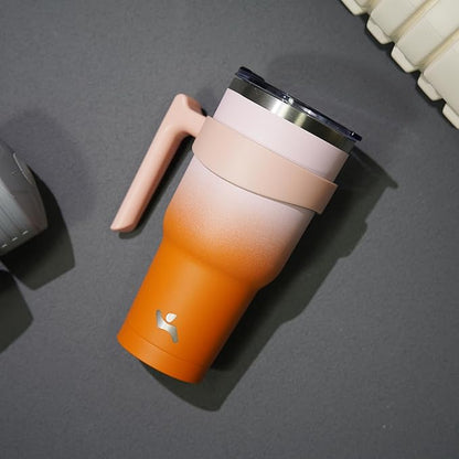 30 oz Tumbler with Handle and 2 Straw 2 Lid, Insulated Water Bottle Stainless Steel Vacuum Cup Reusable Travel Mug,Coral