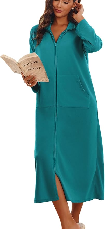 Ekouaer Women Zipper Robe Long Sleeves House Coat Soft Bathrobe Sleepwear with Pockets Housecoat Loungewear