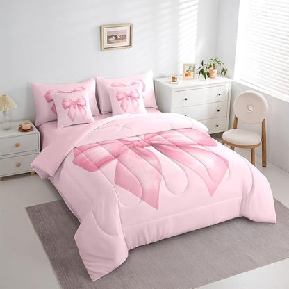 Feelyou Pink Bow Comforter Set King Size 7 Pieces Cute Bowknot Bedding Set for Kids Boys Girls Pricess Style Bed in a Bag with Comforter, Sheets, Pillowcases, Cushion Covers Kawaii Bedroom Decor