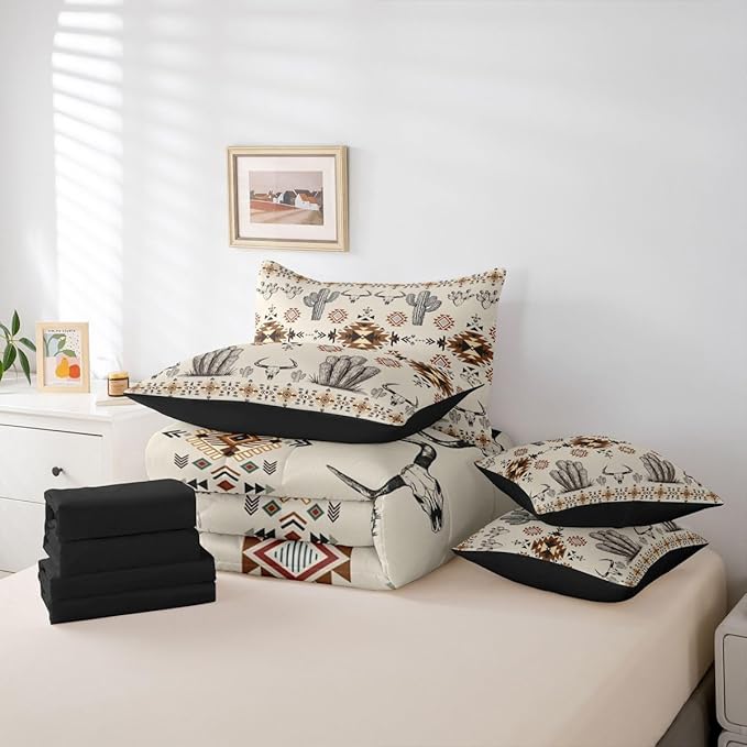 Erosebridal Western Aztec Bedding Set King Rustic Country Southwestern Comforter Set 7 Piece Boho Tribal Geometric Ethnic Bull Skull Bed in A Bag Vintage Native American Quilt with Flat Fitted Sheet