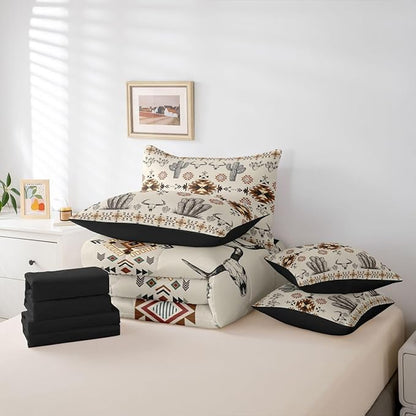 Erosebridal Western Aztec Bedding Set King Rustic Country Southwestern Comforter Set 7 Piece Boho Tribal Geometric Ethnic Bull Skull Bed in A Bag Vintage Native American Quilt with Flat Fitted Sheet