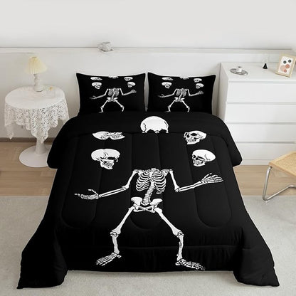 Erosebridal Juggling Skeleton Bedding Set Toddler, Halloween Juggling Skull Comforter Set for Kids Boys Teens Men Horror Halloween Decor, Gothic Skull Comforter, Black Quilt 2 Piece