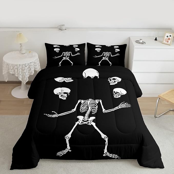 Erosebridal Juggling Skeleton Queen Comforter Set, Halloween Juggling Skull Bedding Set for Kids Boys Teens Men Horror Halloween Decor, Gothic Skull Comforter, Black Quilt 3 Piece