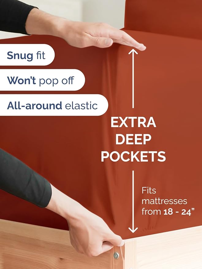 Extra Deep Split King Sheet Set - 7 Piece Breathable and Cooling Sheets - Hotel Luxury Bedding for Women, Men, Kids & Teens - Easy Secure Fit - Soft & Wrinkle Free - Extra Deep Pockets - Terracotta
