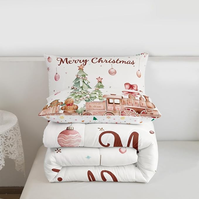 Gingerbread Train Comforter Set Twin Size,Christmas Tree Bedding Sets 2Pcs for Kids Girls Boys Women Room Decor,Holly Leaves Flower Quilted Duvet Watercolor Pink Down Comforter,1 Pillowcase
