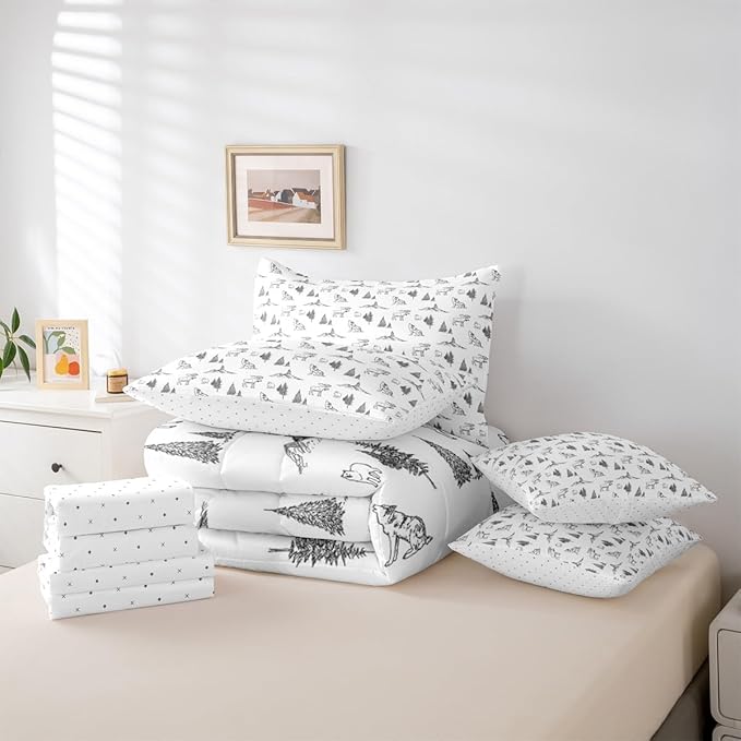 Erosebridal Woodland Animals 7 Piece Comforter Set Full Size Bear Deer Wolf Hunting Theme Bedding Set for Kids Child | Rustic Cabin Lodge Decor Sheets Farmhouse Wildlife Mountain Black White Quilt