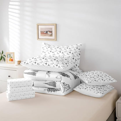 Erosebridal Woodland Animals 7 Piece Comforter Set Twin Size Bear Deer Wolf Hunting Theme Bedding Set for Kids Child | Rustic Cabin Lodge Decor Sheets Farmhouse Wildlife Mountain Black White Quilt