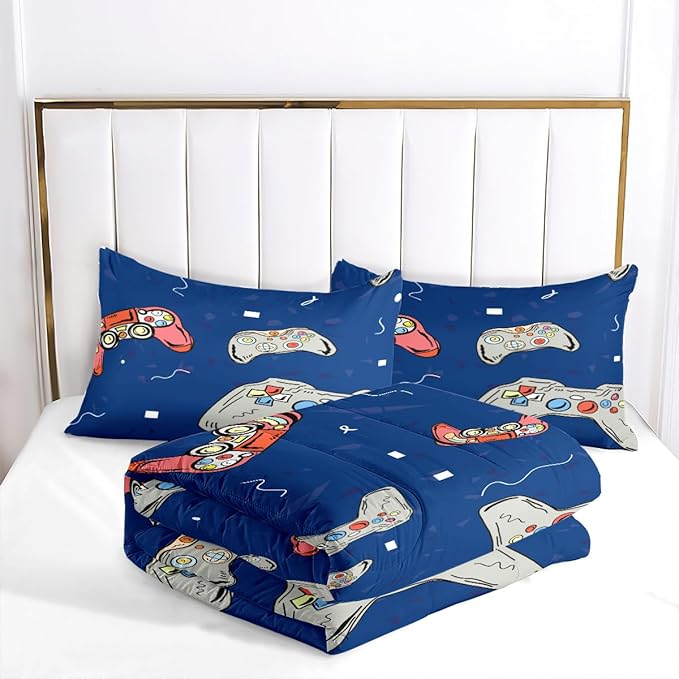 Boys Video Game Comforter Queen Size Dark Blue Gampad Bedding Set for Kids Children Bedroom Decor, 90"x90"