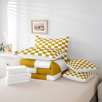 Feelyou Checkered 7 Piece Bedding Set Teen Yellow White Plaid Decoration Comforter Set with Sheets Twin Size Kids Boys Cute Retro Neutral Grid Geometric Bed in a Bag Vintage Aesthetic Room Decor