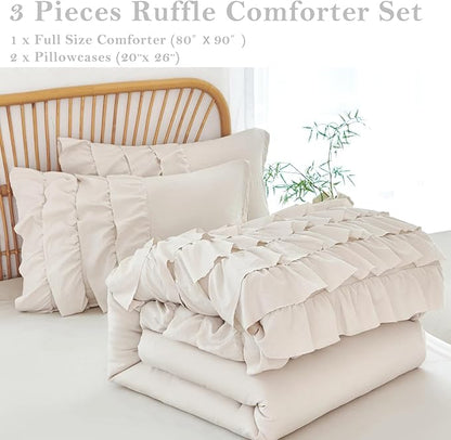 PERFEMET Queen Comforter Set 3 Pieces Beige Ruffled Comforter Set Shabby Chic Bedding Sets for Women Teen Girls Fluffy for All Season