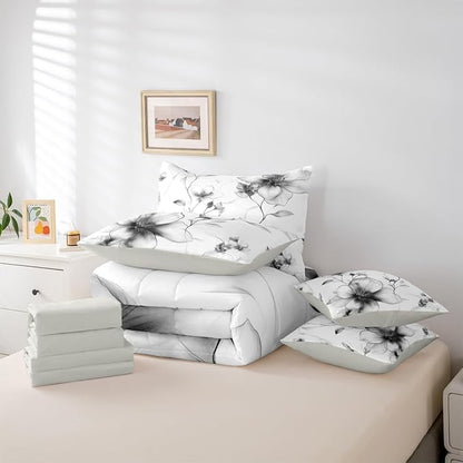 Erosebridal Black and White 7 Pcs Bedding Set Twin, Boho Flower Comforter Set with Sheets for Women Men Adults, Artistic Watercolor Floral Bed in A Bag, Ink Painting Style Blossom & Leaf Bed Sets
