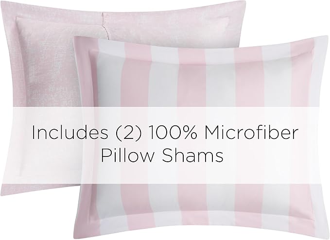 Juicy Couture Cabana Stripe Reversible Bedding Set - King Size - Dogwood Pink/White Stripe Print – 6 Piece Set – Includes 1 104" x 90" Comforter, 3 Decorative Pillows, 2 Shams