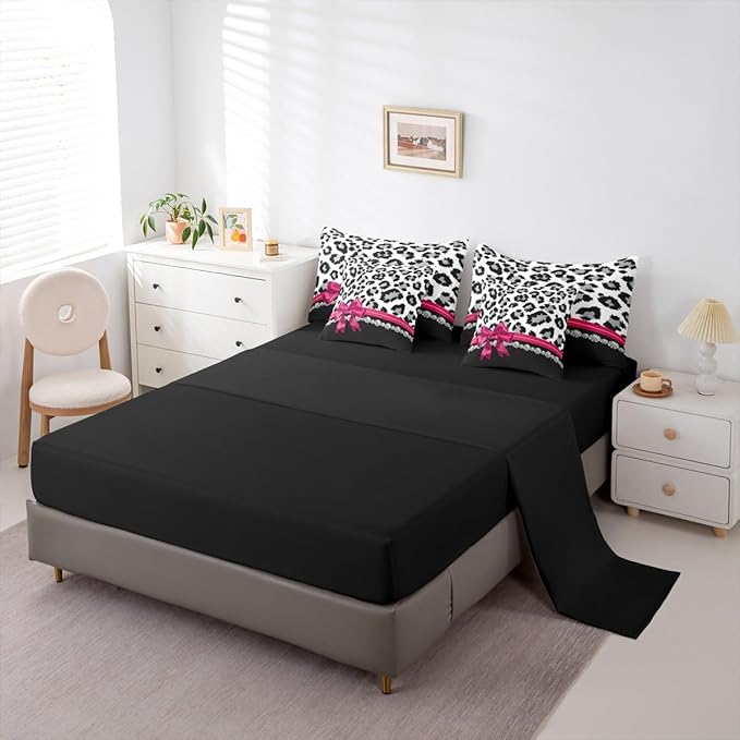 Feelyou Grey Leopard 7 Piece Bedding Set Full Size Plum Red Bowknot Comforter Set with Sheets for Kids Girls Women Diamond Bed in a Bag Animal Print Bed Set