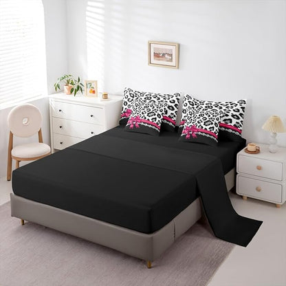 Feelyou Grey Leopard 7 Piece Bedding Set Queen Size Plum Red Bowknot Comforter Set with Sheets for Kids Girls Women Diamond Bed in a Bag Animal Print Bed Set