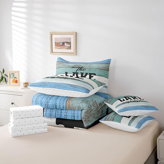 King Size Lake House Comforter Sets with Sheets 7-Piece Vintage Lake Themed Comforter Set Bed-in-a-Bag Rustic Old Barn Door Wooden Decor Bedding Sets with Sheets, Pillowcases and Throw Pillow Covers