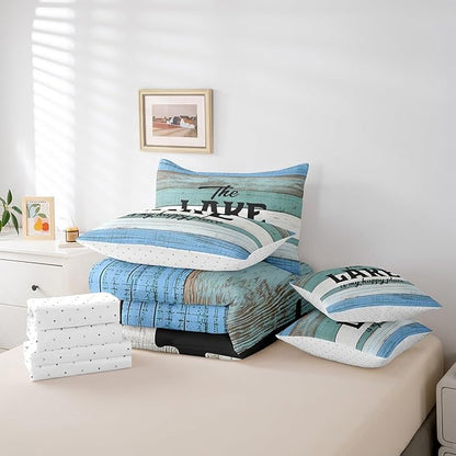 Full Size Lake House Comforter Sets with Sheets 7-Piece Vintage Lake Themed Comforter Set Bed-in-a-Bag Rustic Old Barn Door Wooden Decor Bedding Sets with Sheets, Pillowcases and Throw Pillow Covers