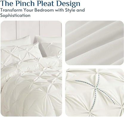 JOLLYVOGUE Queen Comforter Set 7 Pieces - Bed in a Bag Queen for All Season, Pintuck Bedding Comforter Sets with Comforter, Flat Sheet, Fitted Sheet and Pillowcases & Shams, Ivory