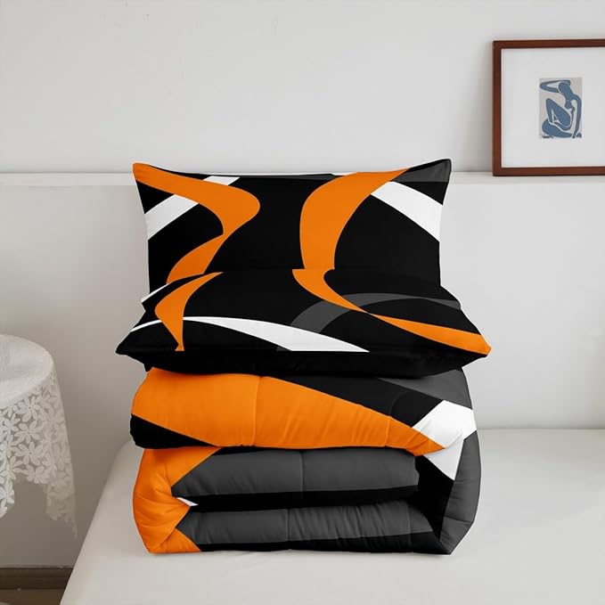 Erosebridal Abstract Black Orange Bedding Comforter Sets Dark Grey White Striped Bedding Set King Geometric Stripes Down Comforter for Kids Boys Adults Men Modern Fashion Quilt Duvet