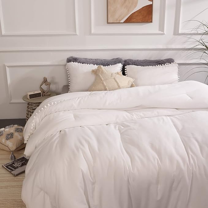 YIRDDEO Queen Comforter Set - Comforter Queen Size Sets with Ball Pom Fringe, Soft Bedding Set for All Seasons - 3 Pieces, 1 Comforter (90"x90") & 2 Pillow Shams (20"x26"), White