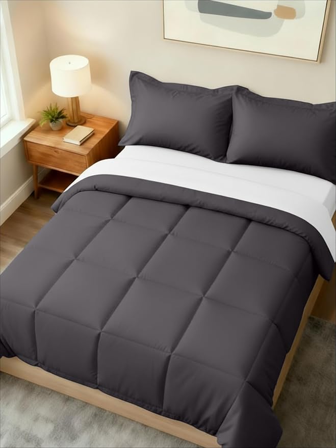 Queen Comforter Set - 3 Piece Bed Set for All Seasons - 1 Soft Quilted Comforter with Corner Tabs & 2 Pillow Shams - Comfy & Breathable - Premium Down Duvet Insert - Oeko-TEX - Queen Size, Dark Grey