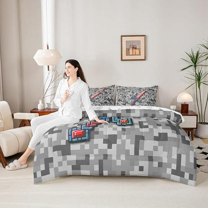 Castle Fairy Red Blue Sword 7 Piece Comforter Sets King Size,Geometric Grey Grid All Season Reversible Bed in a Bag Miner Theme Bedding Sets Pixel Video Games Flat Sheet,Fitted Sheet,Pillowcases