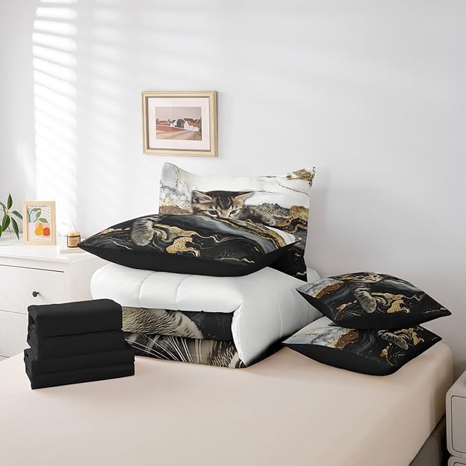 Erosebridal Black and White Bedding Set Watercolor Marble Printed Bed in A Bag for Full Bed, Cute Cat Gold Marbling Comforter Sets with Sheets Burning Mountain Retro Artwork Design Bedding 7 Pieces