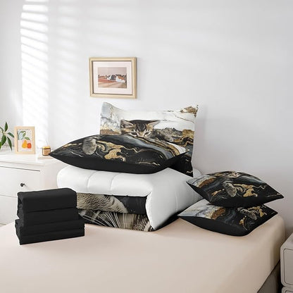 Erosebridal Black and White Bedding Set Watercolor Marble Printed Bed in A Bag for Full Bed, Cute Cat Gold Marbling Comforter Sets with Sheets Burning Mountain Retro Artwork Design Bedding 7 Pieces