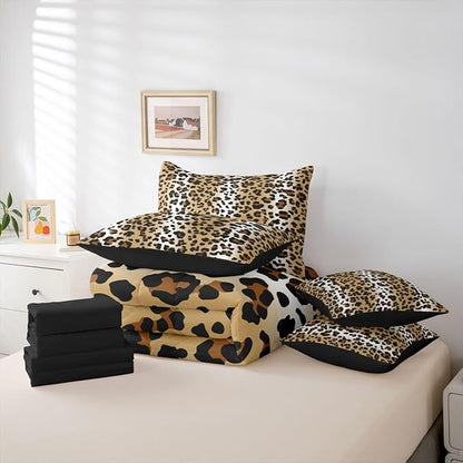 Erosebridal Animal Skin Pattern Gradient Gold Brown Full Comforter Set 7 Pieces | Leopard Print Bed in A Bag for Bedroom Ombre Cheetah Fur Bedding Set with Comforters Women Men Adults Room Decor