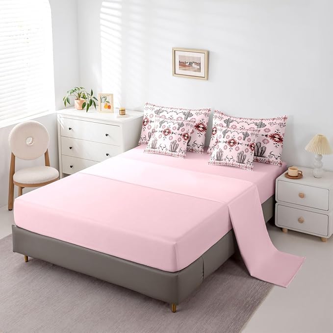 Erosebridal Pink Southwestern Queen Comforter Set with Sheets 7 Piece Western Aztec Bed in A Bag Country Geometric Vintage Bedding Sets for Men Adults Rustic Cactus Bull Skull Boho Tribal Bed Set