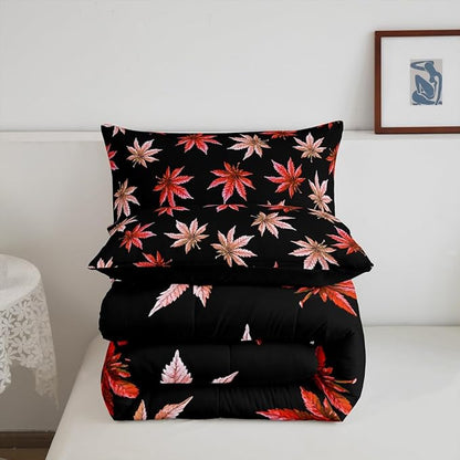 Erosebridal Red Leaves Comforter Set Toddler, Leaves Bedding for Women Adults,Tropical Botanical Bedding Comforter Sets,Exotic Plant Down Comforter with 1 Pillow Case